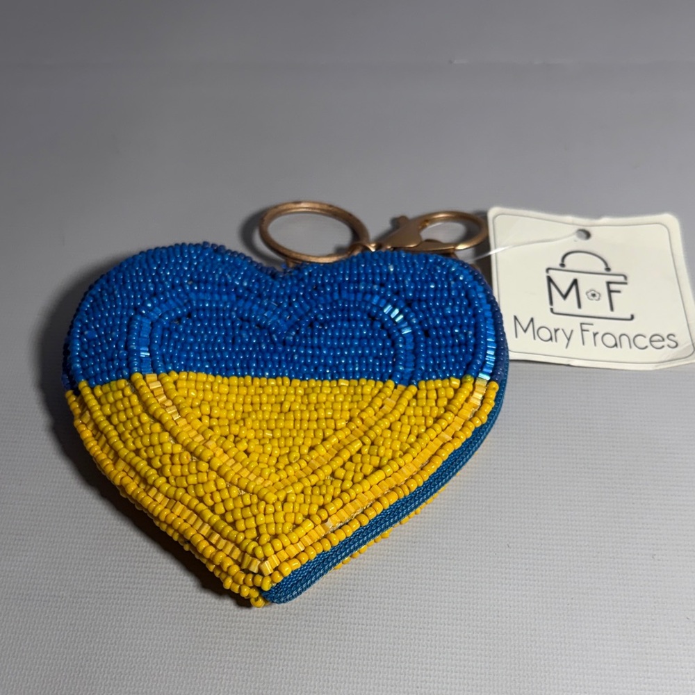 Mary Frances Blue and Yellow Beaded Heart Coin Pouch